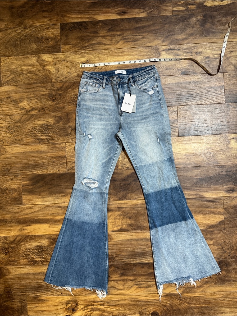 Ceros Two-Tone Light & Dark Blue Flare Jeans very stretchy